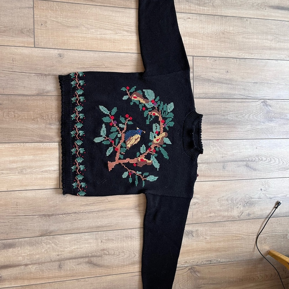 100% Wool Black Sweater with Bird and Tree